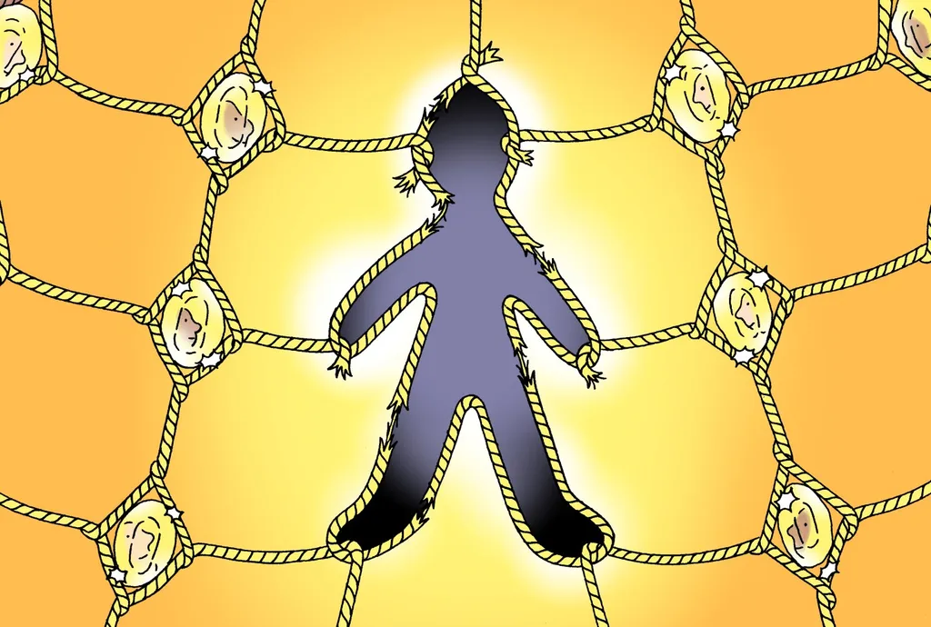 an illustration depicting indras net by pete gamlen, a net of jewels with a carved out humand shape in the net, driving the metaphor of boundary setting home.