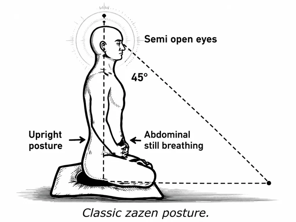 diagram of classic zazen posture showing upright seated posture, semi-open eyes, abdominal breathing, and a 45-degree gaze