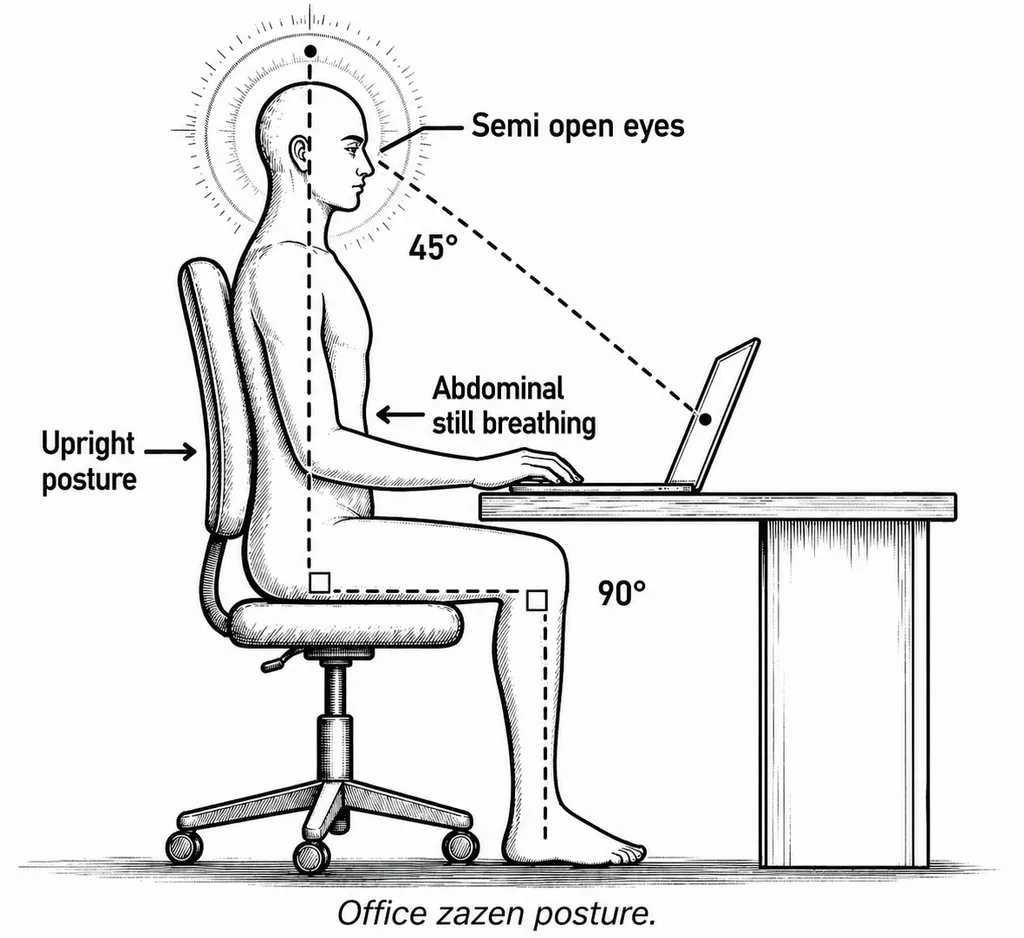 diagram of office zazen posture showing upright desk posture, semi-open eyes, abdominal breathing, and a laptop dot at a 45-degree gaze
